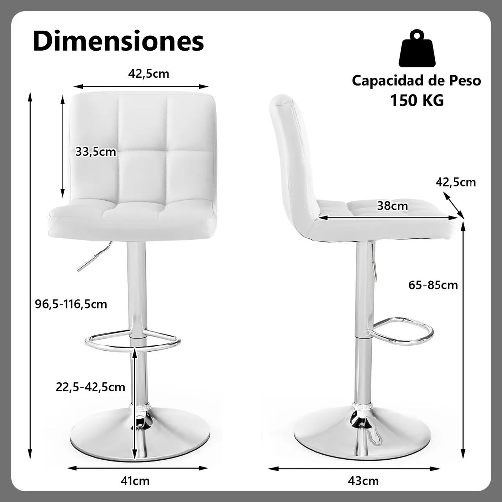 Conjunto de 2 bancos bar em pele sintética com assento giratório de 360° de altura ajustável, apoio para os pés e cadeira de jantar com base metálica