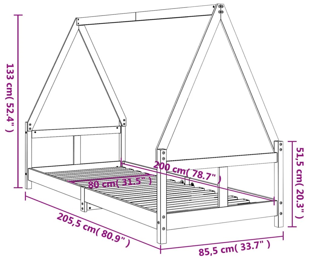 Estrutura de cama infantil 80x200 cm pinho maciço preto