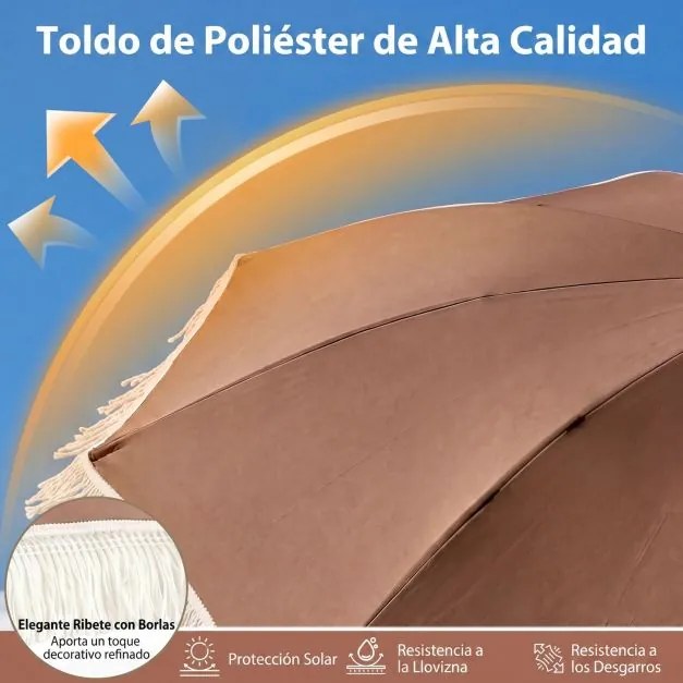 Guarda-sol de praia com franjas, 200 cm, 12 varas, ângulo de inclinação ajustável, proteção solar, estilo boémio, para jardim, pátio ou piscina, Cafe