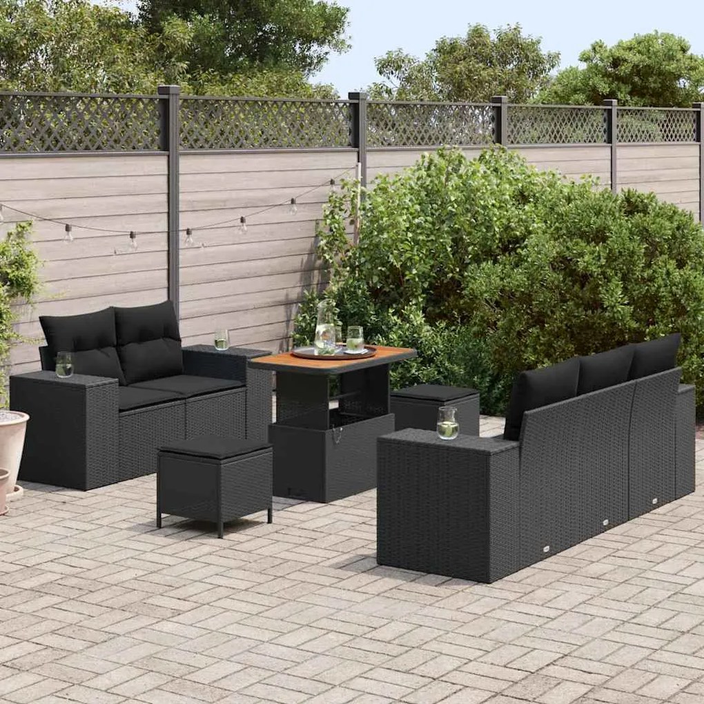 Conjunto de Sofá de Jardim vidaXL 8 Peças com Almofadas Preto Vime Pol