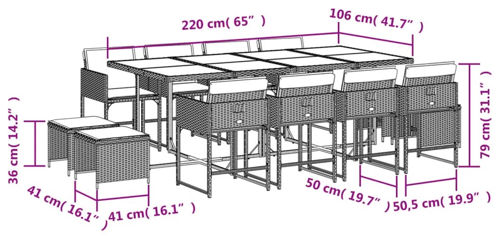 13 pcs conjunto jantar p/ jardim c/ almofadões vime PE cinzento