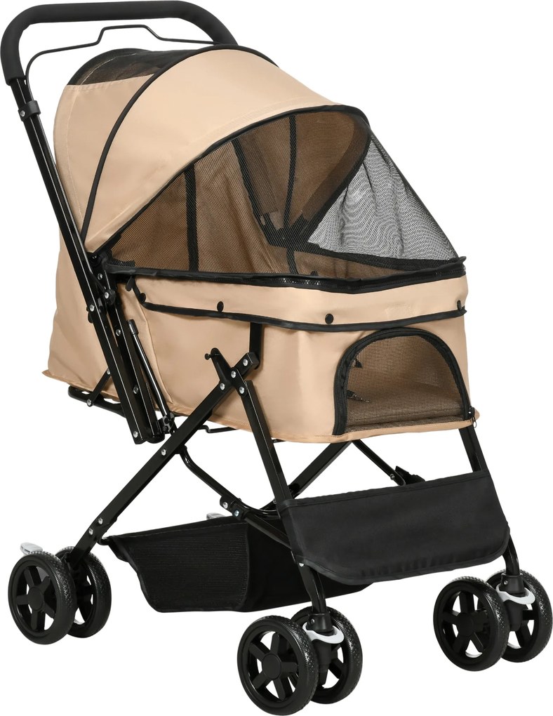 PawHut Carrinho Animais Estimação Dobrável Cesta Armazenamento Cinto Segurança Confortável 76,5x52x95 cm Marrom Claro | Aosom Portugal