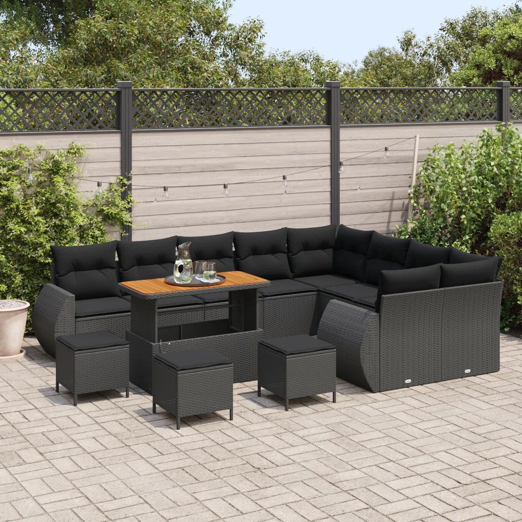 Conjunto de Sofá de Jardim vidaXL 13 Peças com Almofadas Preto de Vime