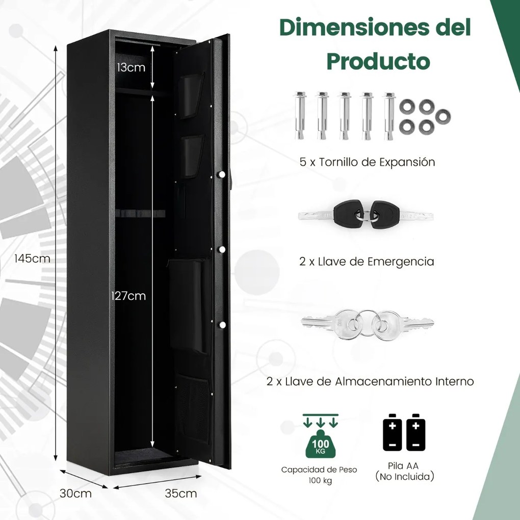 Cofre para 5 caçadeiras 35 × 30 × 145 cm com Teclado digital Acesso rápido Impressão digital Preto