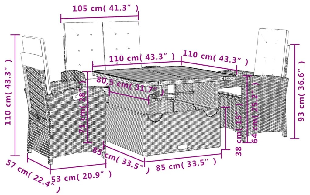 4 pcs conjunto de jardim p/ jardim c/ almofadões vime PE preto