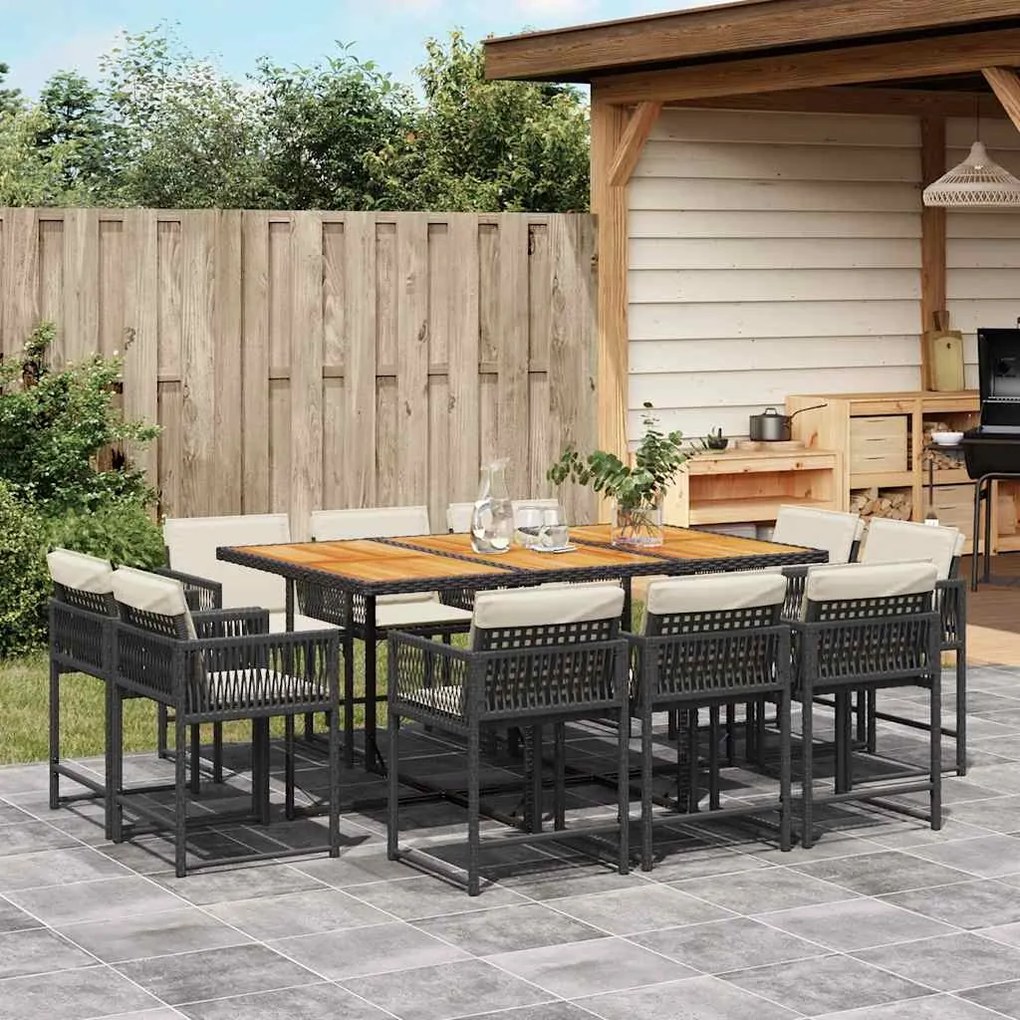 vidaXL 11 pcs conjunto de jantar p/ jardim c/ almofadões vime PE preto