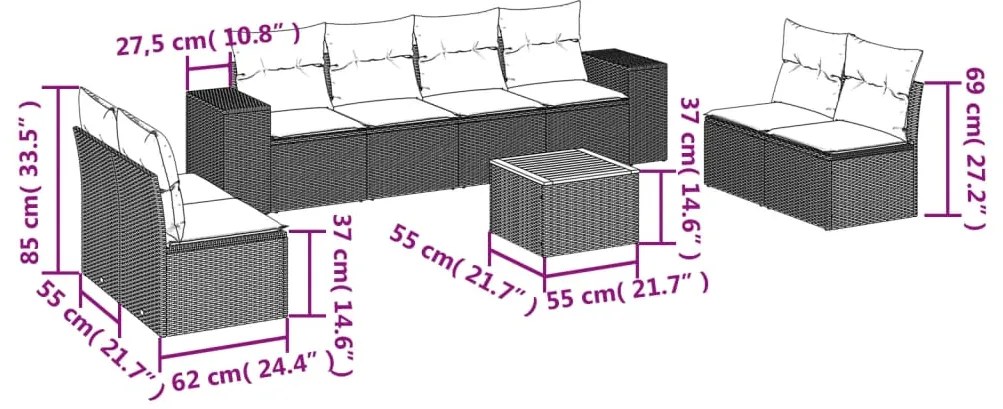 9 pcs conjunto de sofás p/ jardim com almofadões vime PE bege