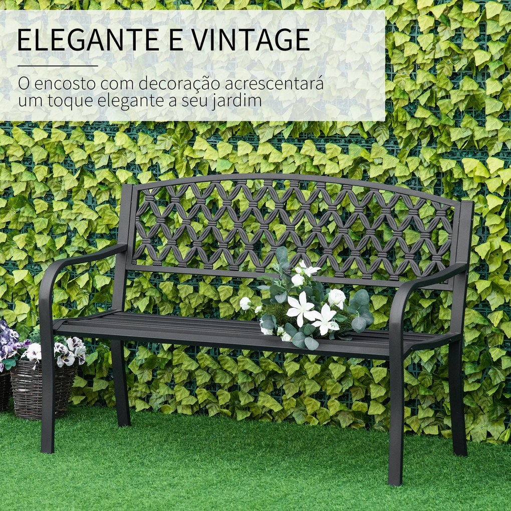 Outsunny Banco de Jardim de 2 Lugares com Encosto Decorativo e Apoio para os Braços para Terraço Varanda Pátio Exterior Carga 280kg Ferro Fundido e Aço 128x58,5x89cm Preto