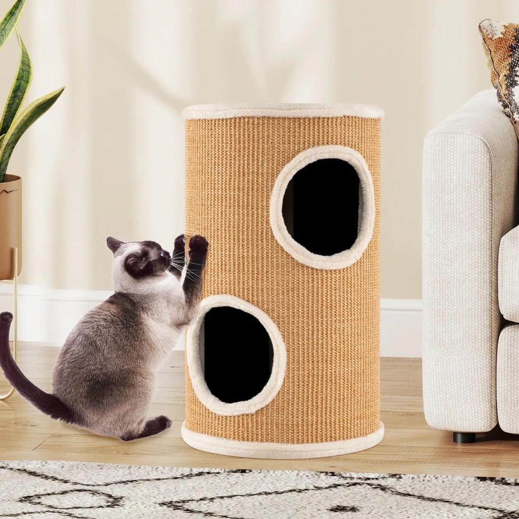Arranhador para gatos 36 x 59,5 cm em forma de barril com plataforma superior espaçosa, de 2 níveis em sisal natural Caqui