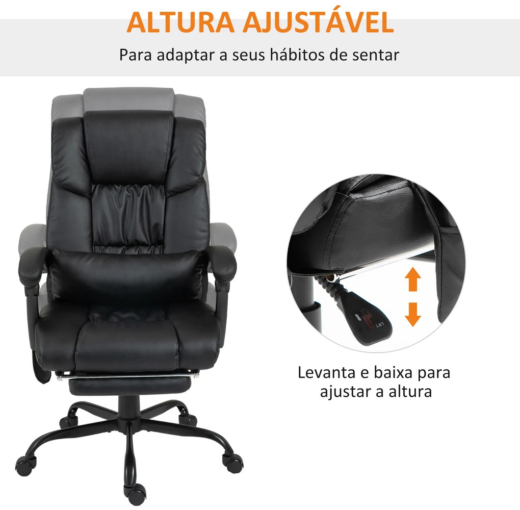 Cadeira de Escritório com Massagem de 6 Pontos Encosto Alto Reclinável Apoio para Pés e Controlo Remoto 66x75x112-122 cm Preto