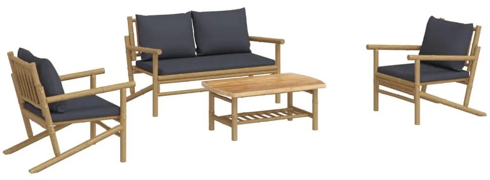 4pcs conj. lounge de jardim bambu c/ almofadões cinzento-escuro