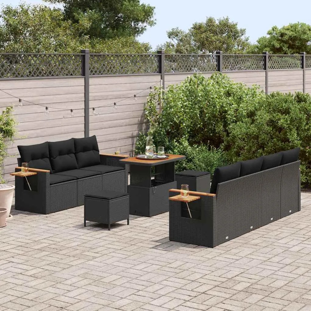 Conjunto de Sofá de Jardim vidaXL com Almofadas Preto Polirattan Acáci