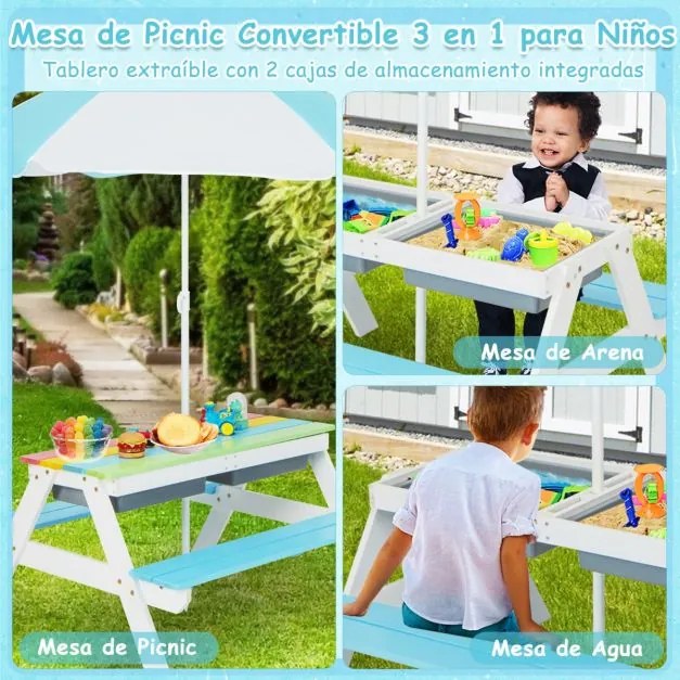 Mesa de piquenique para crianças 3 em 1 com guarda-sol removível e altura ajustável de 117-187 cm para jardim Multicolorido