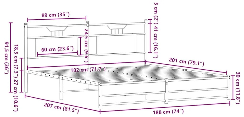 Estrutura cama sem colchão 180x200 cm metal carvalho castanho