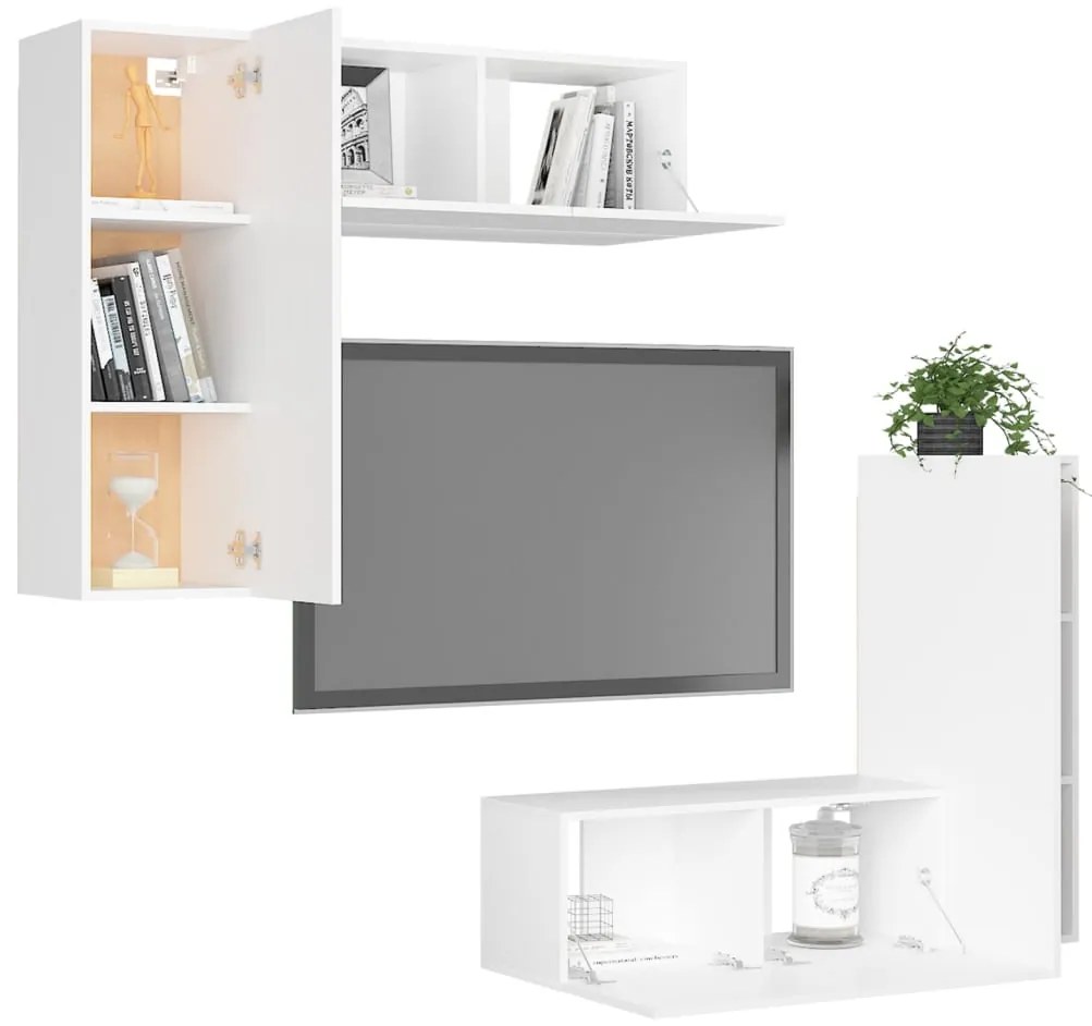 4 pcs conjunto de móveis de TV derivados de madeira branco