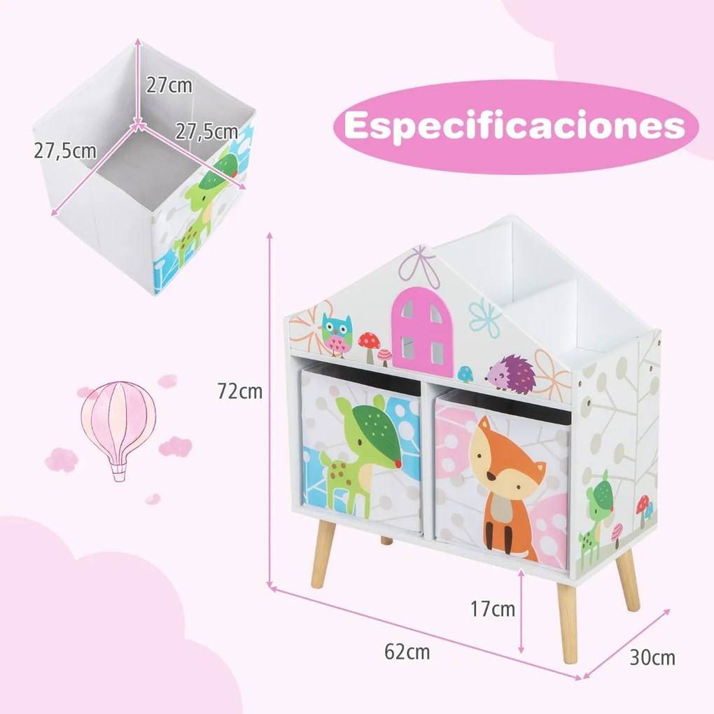 Estante para crianças Organizador de madeira Prateleiras para arrumação de brinquedos com 2 recipientes de arrumação e pernas elevadas Branco