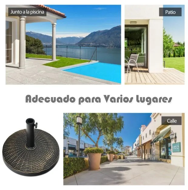 Base de guarda-sol em resina de 12 kg Suporte de guarda-sol redondo exterior de φ38/48 mm com botão ajustável Design de rattan Bronze