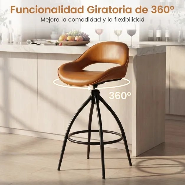 Bancos de bar giratórios, 2 unidades, altura de balcão, encosto, apoio para os pés, metal e couro sintético, para cozinha e sala de jantar, castanho