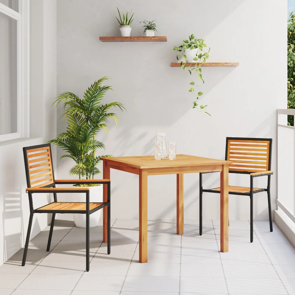 Conjunto de Jantar para Jardim vidaXL de 3 Peças Preto Rattan Acácia