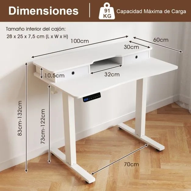 Secretária elétrica com pé 100 x 60 cm com 2 gavetas, altura ajustável e suporte para monitor Branca