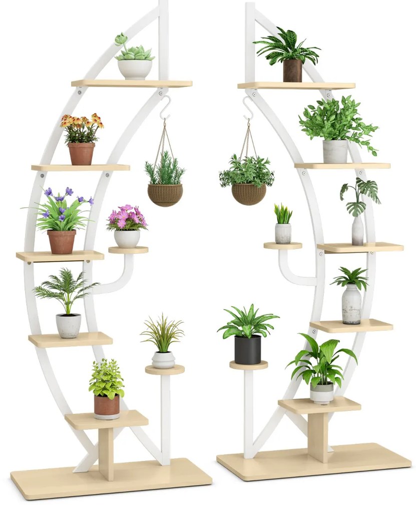 Conjunto de 2 Estantes Metálicas para Plantas 7 Níveis em Forma de Crescente Curvo com Gancho para Varanda 60x30x155 cm Brancas