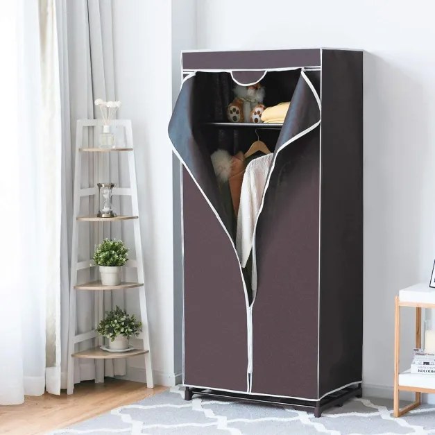 Guarda Roupa de tecido dobrável com fecho de correr Organizador de roupa têxtil com varão para pendurar 74 x 50 x 172 cm Castanho