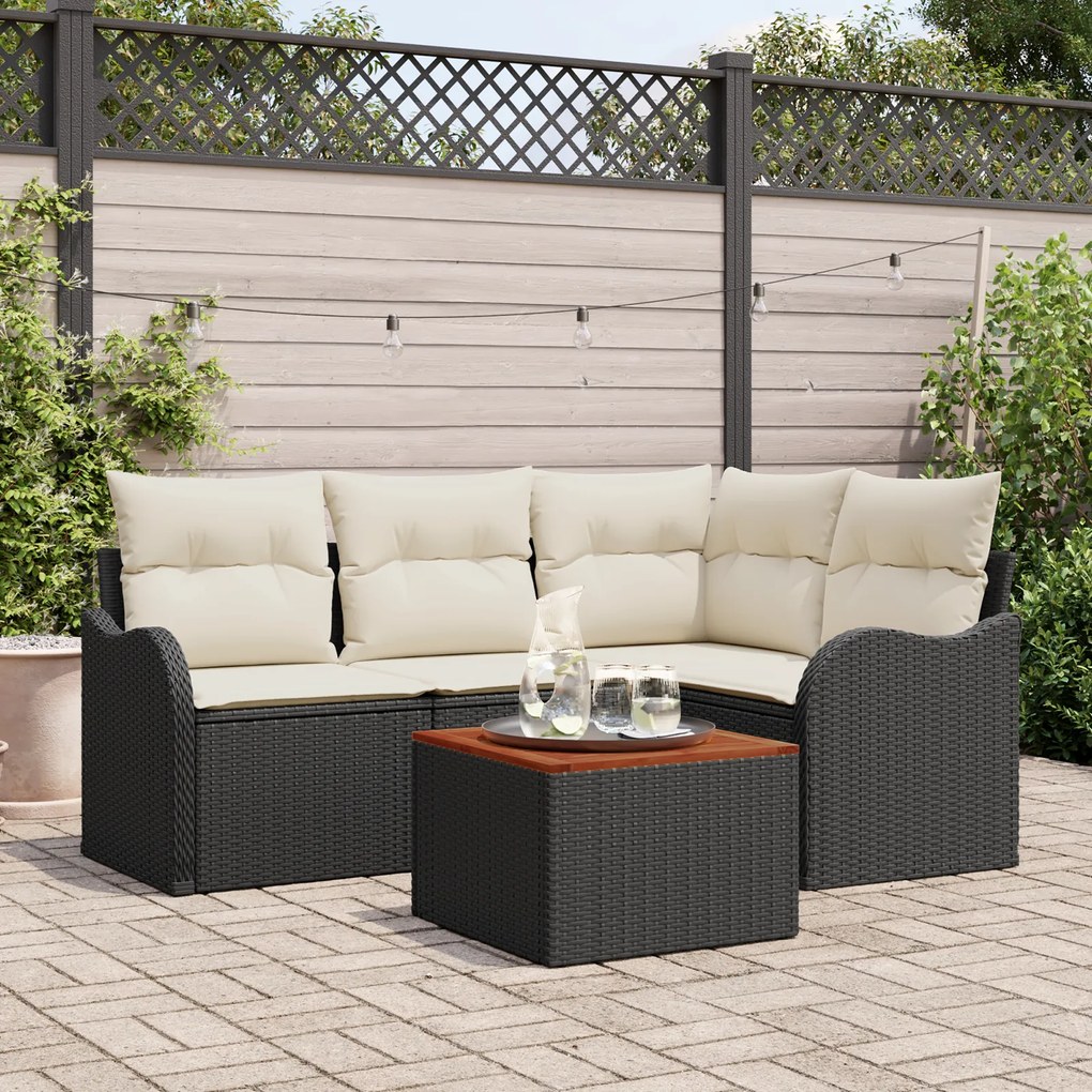 Conjunto de Sofá de Jardim de 5 Peças com Almofadas de Rattan Preto Ac