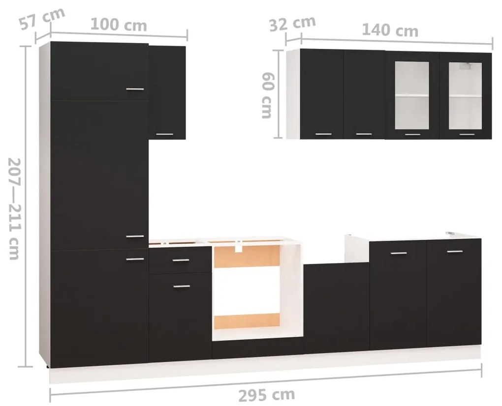 8 pcs conjunto armários de cozinha contraplacado preto