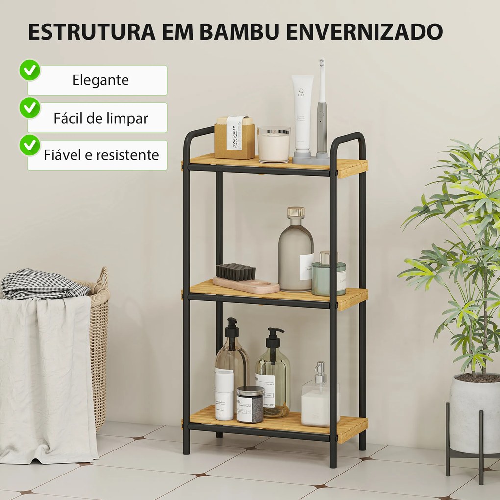 Estante de Casa de Banho de Bambu de 3 Níveis Estante de Armazenamento com 3 Prateleiras Ripas e Estrutura de Aço 41,5x21,5x77,5 cm Madeira e Preto