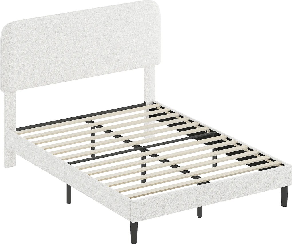 HOMCOM Estrutura de Cama 140x190 cm com Estrado Cabeceira Ajustável Cama de Casal Estofada em Veludo Teddy Ripas em Metal Branco | Aosom Portugal