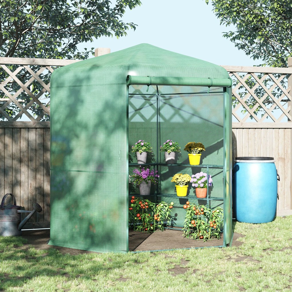 Outsunny Estufa de Jardim Hexágono 194x194x215cm Estufa com 6 Prateleiras Porta Enrolável e Estrutura de Aço Galvanizado para Cultivos de Plantas Vasos de Flores Verde