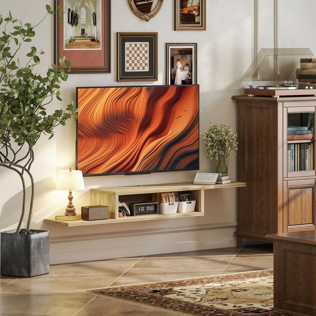 Móvel de TV de Parede Flutuante, 152 x 29 x 21 cm, Com 2 Passa-Fios, cor Carvalho Claro