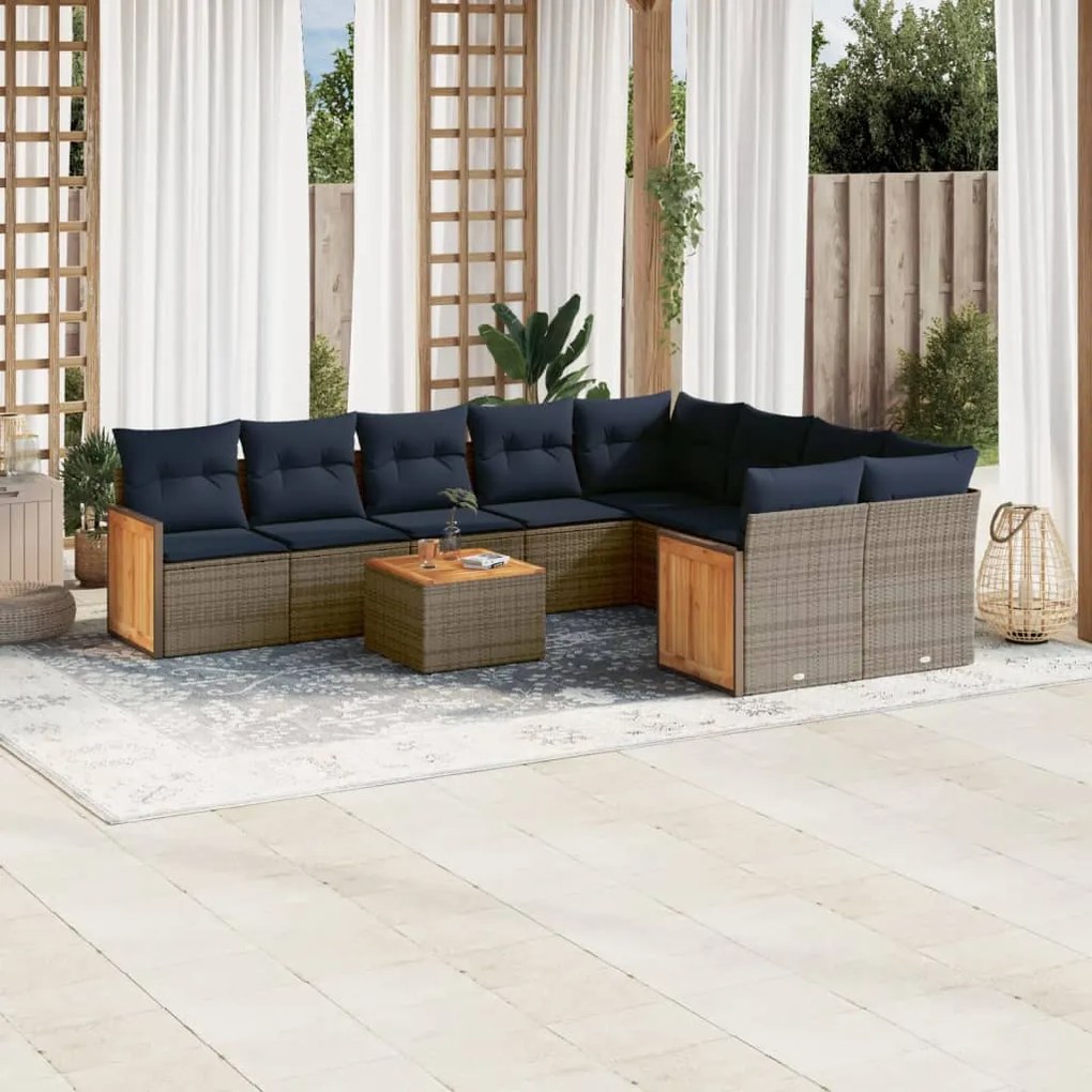 vidaXL 10 pcs conjunto sofás p/ jardim c/ almofadões vime PE cinzento