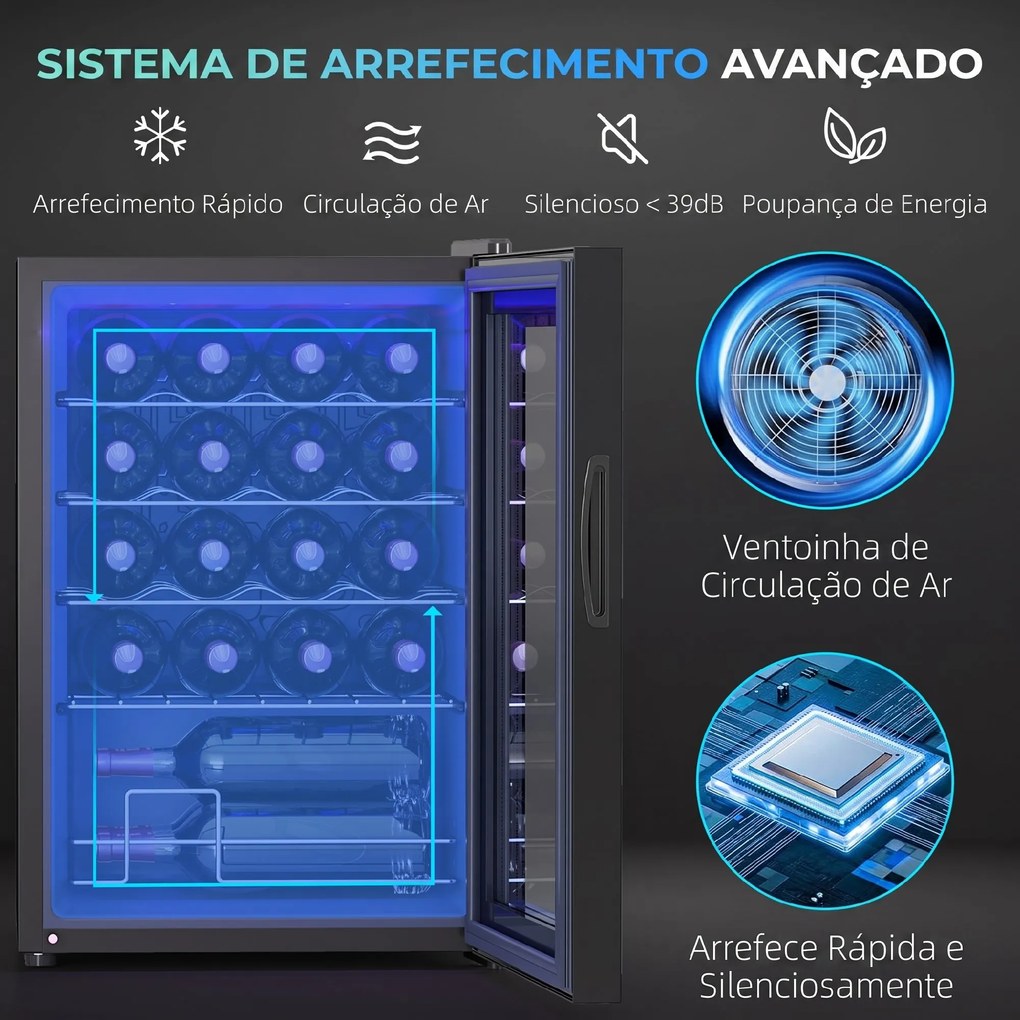 Frigorífico para Vinhos 20 Garrafas com Compressor, Porta Anti-UV, 5-18 °C, Painel Tátil, Luz LED, 39 dB, Preto