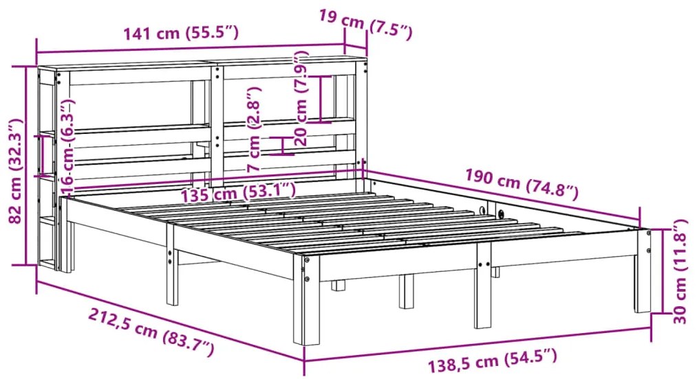 Cama sem colchão 135x190 cm madeira pinho maciça castanho-mel