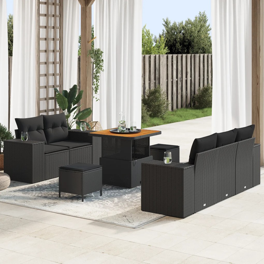 vidaXL Conjunto de Sofás para Jardim com Almofadas Preto Polivime Acácia