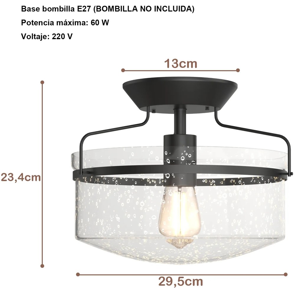 Candeeiro de tecto industrial com abajur de vidro com base metálica para sala de jantar Quarto Quarto Bar de entrada  29,5 x 23,4 cm Preto