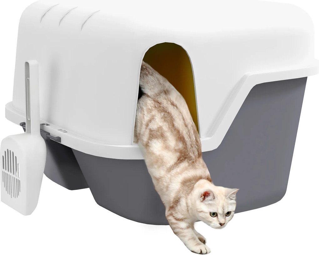 Caixa de areia para gatos 50 x 50 x 39 cm, casa de higiene para gatos, com tampa superior que se fecha e abre, creme, cinzento