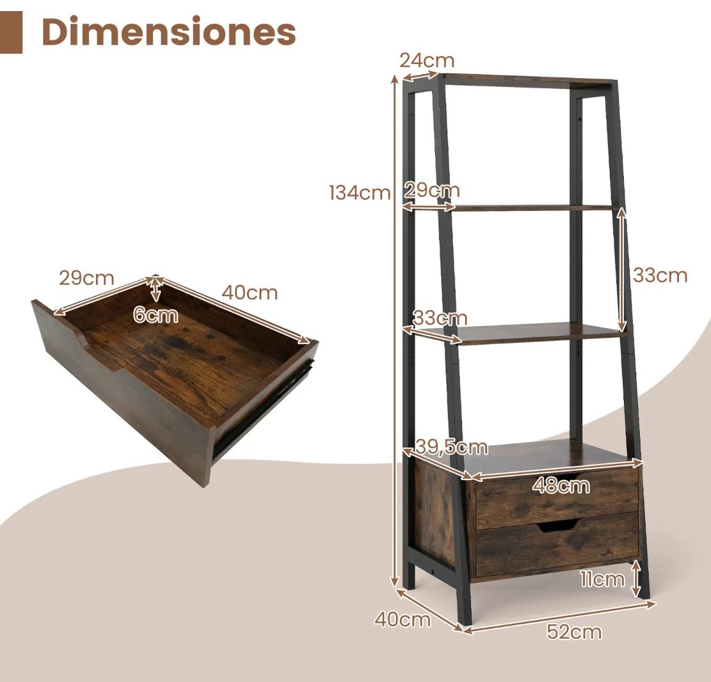 Estante em forma escada 52 x 39,5 x 134 cm com 4 prateleiras abertas e 2 gavetas Castanho Rústico + Preto