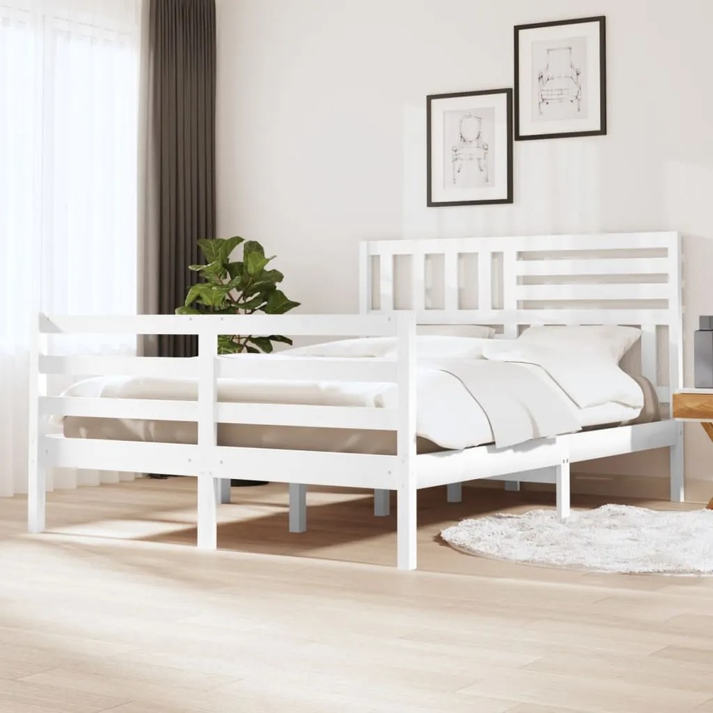vidaXL Estrutura de cama casal 135x190 cm madeira maciça branco