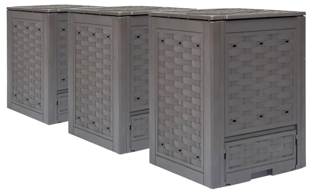 vidaXL Compostores jardim 3pcs 60x60x83cm 900L plástico vime castanho