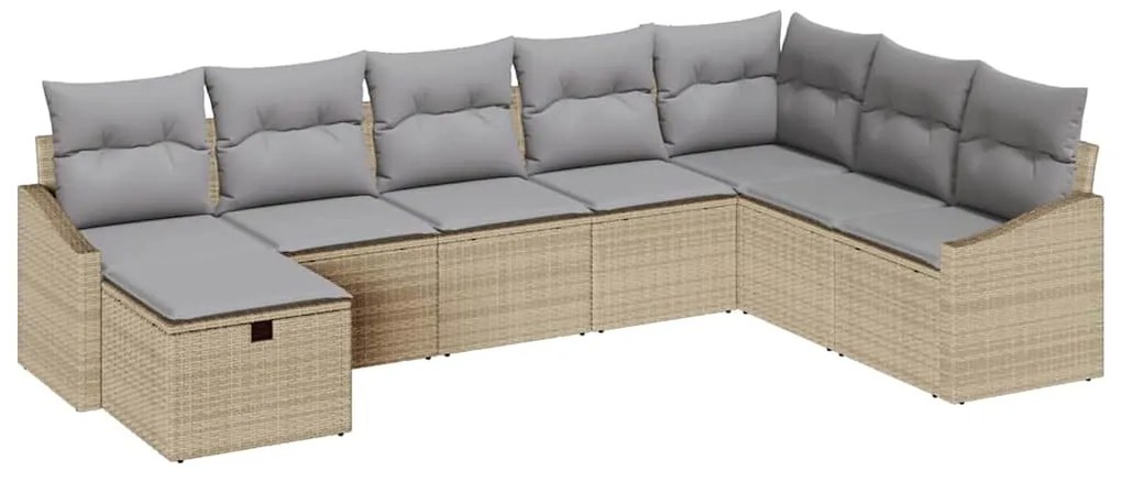 Conjunto de Sofá de Jardim de 8 Peças com Almofadas Bege Vime Poliéste