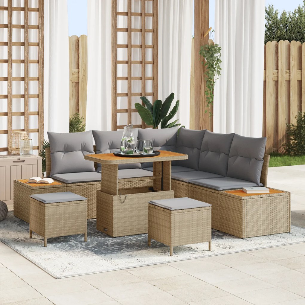 Conjunto de Sofás de Jardim com Almofadas vidaXL de 8 Peças Bege Rattan Sintético Acácia