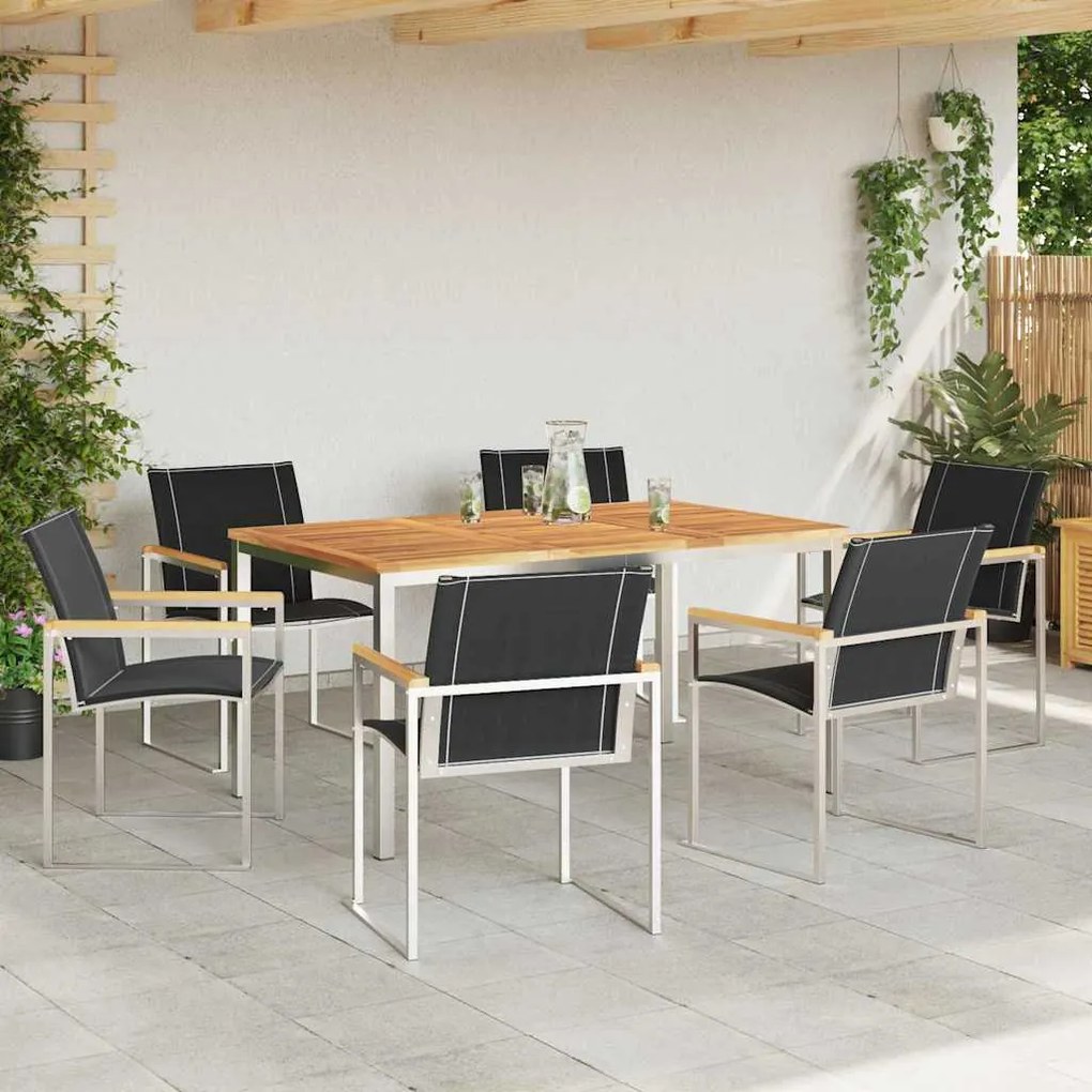 Conjunto de Jantar de Jardim 7 Peças em Madeira de Acácia e Aço Inoxid