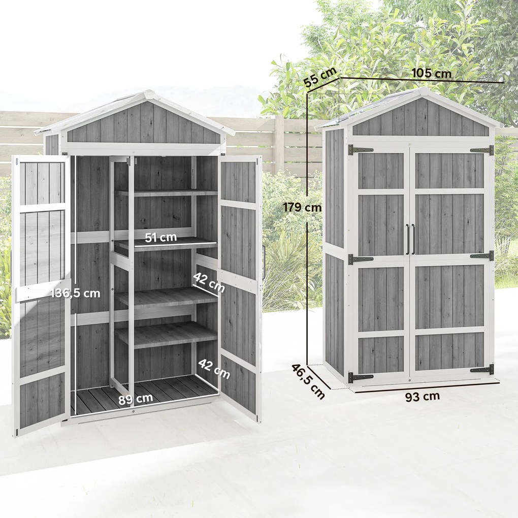 Armário de jardim - Abrigo de jardim impermeável com telhado metálico e porta dupla para ferramentas de jardinagem 105 x 55 x 179 cm - Cinza