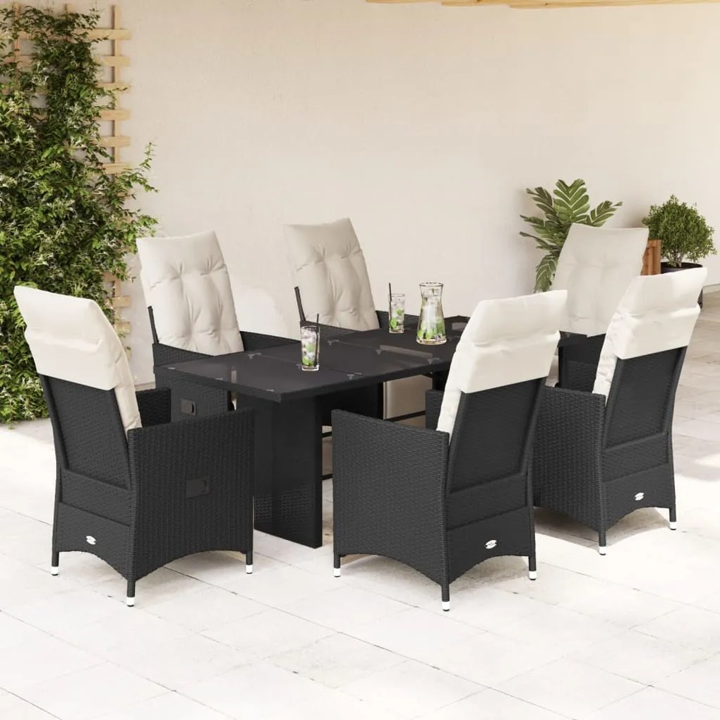 7 pcs conjunto de jantar p/ jardim c/ almofadões vime PE preto