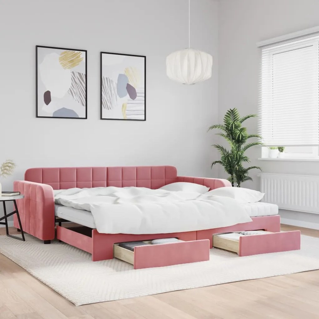 vidaXL Sofá-cama com gavetão e gavetas 100x200 cm veludo rosa