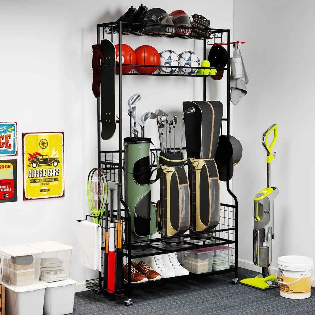 Organizador equipamento desportivo com rodas 132 x 40,5 x 194 cm, estrutura metálica, 4 ganchos e suporte adicional para 3 sacos de golfe e acessórios