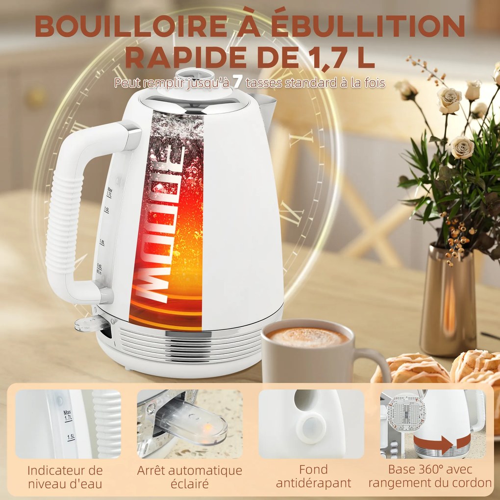 Conjunto de chaleira e torradeira, com chaleira em aço inoxidável de 1,7 L e 2200 W e torradeira para 4 fatias, branca