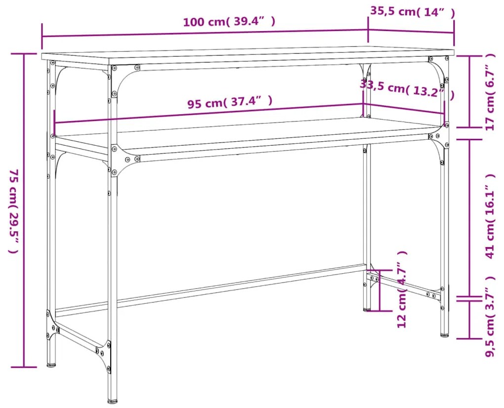 Mesa consola 100x35,5x75cm derivados de madeira cinzento sonoma